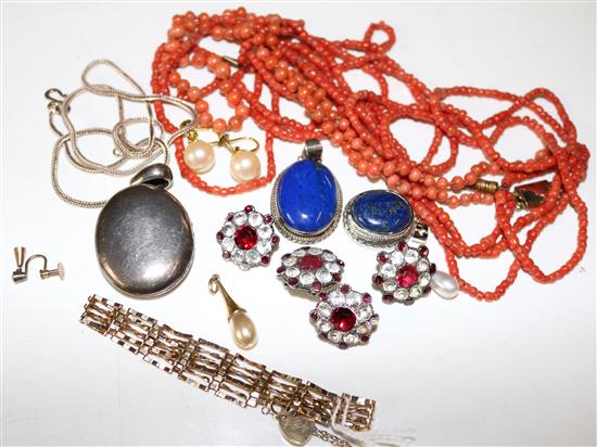 9ct gold gate-link bracelet, silver enclosed locket, costume jewellery, coral beads, replica Roman coin, etc